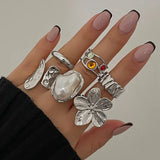 Daiiibabyyy  6Pcs/Set Fashion Imitation Pearl Crystal Stainless Steel Gold Color Ring for Women Engagement Party Gift Temperament Jewelry