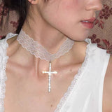 Daiiibabyyy  Korean Kpop Sweet Lace Strap Choker Necklace for Women Girls Cool CZ Cross Pendant Clavicle Chain Gothic Jewelry Party Gift