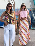 Daiiibabyyy  Striped Ruffle Halter Asymmetrical Tops Women Sexy Sleeveless Side Placket Irregular Hem Slim Crop Top Summer New Lady Partywear