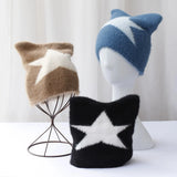 Daiiibabyyy  Niche Devil Cat Ears Star Knitted Hat for Women Showing Face Small Autumn and Winter New Street Sexy Y2K Baotou Hat Trend