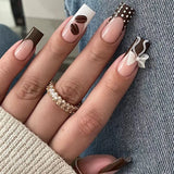 Daiiibabyyy  24pcs Retro Brown French Style Press On Nails Cute Bowknots Coffee Bean Polka Dot Decor False Nails Mid-length Coffin Fake Nail