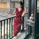DAIIIBABYYY  -  Chinese Style Elastic Velvet Printed Evening Dress Women's Spring/summer Pure Sexy V-neck Slim Dress Fashion Female Clothes
