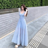 Daiiibabyyy  French Style Blue Lace Vest Dress Women Summer Tea Break Slimming Long Skirt Breathable Comfortable Casual Holiday Wear