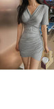 DAIIIBABYYY  -  New Short sleeved Women's Style Goddess Pleated Slim Fit Fashion Wrap Hip Deep V-neck Dress Short Skirt
