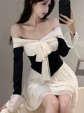 DAIIIBABYYY  -  Y2K Sexy Patchwork Short Dresses for Women Off Shoulder Flare Sleeve Ruffles A-line Birthday Party Dress Korean Casual Vestidos