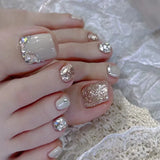 Daiiibabyyy 24Pcs Simple French False Toe Nails with Rhinestone Wearable Glitter Toe Fake Nails Shiny Powder Press on Nails Full Nail Tips