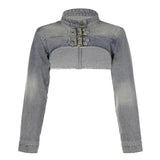 DAIIIBABYYY  -  Y2K Cropped Denim Jacket Women Vintage 90S Sexy Long Sleeve Jeans Coats Summer Gyaru Harajuku Streetwear Design Outerwears