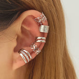 Daiiibabyyy Silver Color Leaves Clip Earrings for Women Men Creative Simple C Ear Cuff Non-Piercing Ear Ear Clip Set Trend Jewelry Gift