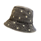 Daiiibabyyy Spring Denim Cartoon Flower Embroidery Bucket Hat Fisherman Hat Outdoor Travel Sun Cap For Girl And Women