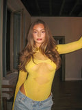 Daiiibabyyy  Women Sexy Rhinestone Hollow-out Fishnet Bodysuit Fashion Crew Neck Full Sleeve Slim Solid Top New Lady High Street Tops