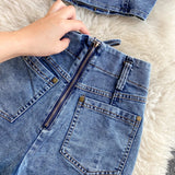 Daiiibabyyy  American Retro Denim Sets for Women Polo Collar Hollow Out Tops+High Waist Bandage Hot Shorts Girls Two-piece Set
