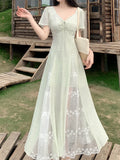 DAIIIBABYYY  -  Lace Patchwork Design V-neck Short Sleeved Dress New French Style Gentle Women's Tie Up Clothing Slim Waist Stylish Long Dresses