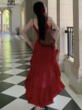 DAIIIBABYYY  -  Summer Red Ruffles Womens Dresses Sexy Spaghetti Strap Sleeveless Birthday Party Dress Female Holiday Beach Vestidos Mujer New