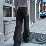 Daiiibabyyy  Women's Streetwear Black Pants Solid Loose Fit Drawstring Waist Trousers Wide Leg Woven Casual Pants Low Waist Cargo Pants