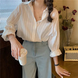 DAIIIBABYYY  -  Temperament Collar Shirt Women's Single Breasted Simple and Versatile Dark Striped Long Sleeved Shirt