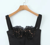 Daiiibabyyy  Women V neck Backless Party Skater Short Sling Dress Sexy Stitching Lace Bra Corset Style Spaghetti Strap Mini Dresses