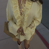 Daiiibabyyy  2025 Elegant Sexy Chiffon Summer Tops Pleated Ruffles Trim V-neck Long Sleeved Sheer Loose Shirts Blouse Holiday Streetwear