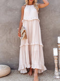 Daiiibabyyy Solid Casual Long Dress Women Summer Female Ruffle Pullover Beach Dresses Ladies Elegant Sleeveless Hollow Tie-Up Party Dress