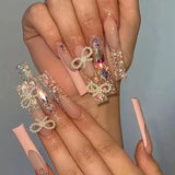 Daiiibabyyy 24Pcs Wearable Press on Nails Long Coffin Ballet False Nails Gradient White Flower Design Fake Nails with Rhinestone Nail Tips