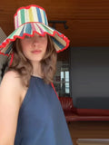 Daiiibabyyy  Plaid Print Ruffle Wide Brim Bucket Hat Foldable Sun Protection Loose Fit Summer Women Straw Hat Casual Chic Lady Sombrero