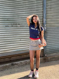 Daiiibabyyy  Fashion Printed Zip Up Women Crop Tops Casual Round Neck Short Sleeves Color Block Hem Blouse Lady Commute Street Outfits
