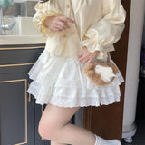 Daiiibabyyy  Japanese Style Soft Girl Kawaii Sweet Mini Ruffle Cake Skirt with Bow Solid White A Line Student Lace Kpop Casual Loose Skirts