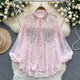 Daiiibabyyy   Embroidered Beaded Lantern Sve irt Women's Summer Thin Loose Outerwear Long Sve Top Korean Sle Commute