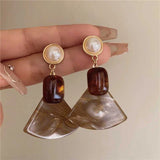 Daiiibabyyy  Design Sense Coffee Color Geometry Dangle Earrings for Women Girl Retro Resin Fan Drop Earrings Friendship Jewelry Gifts