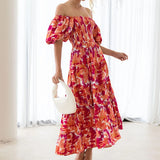 Daiiibabyyy  Casual Women Sweet Spring Puff Short Sleeve Party Dress 2025 Female Big Hem Dress Elegant One Shoulder Floral Print Long Dress