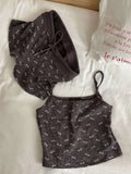 Daiiibabyyy  2Cute Bow Print Ribbed Loungewear Set Women Adjustable Thin Strap Tank Top Elastic Short Pants Daily Nightwear