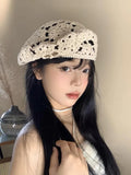 Daiiibabyyy  Hand-knitted Beret Female Japanese Hollow Out Hat Street Women Trendy Hat Literary Retro Fashionable Painter Hat