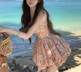 Daiiibabyyy  Vacation Style Floral Oil Painting Mini Slip Dress Female Clothing Hotsweet Summer Fashionable Lace Drawstring Ball Gown Dresses