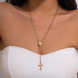Daiiibabyyy  Unique Cross Pendant Necklace for Women Simple Crystal Necklace Sweater Chain Long Y-shaped Necklace Y2K Party Jewelry