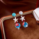 Daiiibabyyy  Resin Starfish Dangle Earrings for Women Colorful Glaze Simulated Cat's Eye Stone Eardrop Seaside Holiday Trendy Party Jewelry V