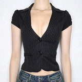 Daiiibabyyy  Sexy Deep V Neck Striped Shirt Women Black Two Button Cardigan Waist Cinched Summer Short Top Fashionable Casual Commuting Basic