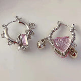 Daiiibabyyy  Y2K Pink Crystal Heart-Shaped Ear Buckle for Women Rectangular Asymmetrical Metal Circle Pendant Women's Banquet Elegant Earring
