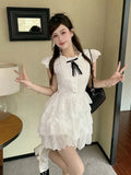 DAIIIBABYYY  -  Sweet Chic Bow White Dress Women Slim Fashion Flying Sleeve Cute Mini Dress Casual O Neck Female Elegant Lace A Line Dress