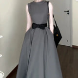 DAIIIBABYYY  -  Women's New French Round Neck Grey Dress Two Sided Wear Style Summer Butterfly Knot Waist Design Sleeveless Ankle-Length Dresses
