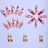 Daiiibabyyy  24pcs Long Coffin Sweet Girl Fake Nail Strawberry Wave Point Flower Printed Press On Nail Dopamine Plaid French Style False Nail