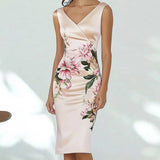 DAIIIBABYYY  -  New Office Elegant V Neck Women's Dress Spring Floral Print Slim Party Dresses Summer Sleeveless Back Zippers Holiday Dress