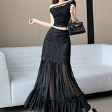 DAIIIBABYYY  -  Black Lace 2025 Summer Sexy Slightly Transparent Mesh Splicing A-line Skirt Versatile Casual Mid Length Hanging Feeling