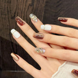 Daiiibabyyy  10pcs Handmade False Nails Brown Gold Glitter Star Rhinestone Decor Press On Nails Luxury Fake Nails For Party Photography Daily