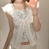 Daiiibabyyy  White Slim Korean Artistic Cute Milk Top Women Summer Contrasting Color Splicing Fake 2 Piece Floral Short Sleeve Shirt