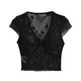DAIIIBABYYY  -  Spicy Girl Retro Mesh See-through Bow V-neck Flying Sleeves T-shirts Women's Summer Pure Desire Style Butterfly Pullover Tops