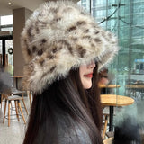 Daiiibabyyy  Korean Style Leopard Print Fuzzy Bucket Hats Warm Thickened Plush Winter Fisherman Hat Adult Unisex Animal Pattern Caps Headwear