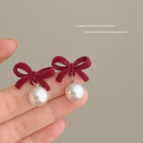 DAIIIBABYYY  -  Wine Red Flocking Bow-knot Rhinestone Pearl Tassel Drop Earrings for Women Korean Fashion Winter New Year Party Earring Jewelry