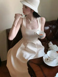 DAIIIBABYYY  -  French Style Solid Womens Dresses Elegant Square Collar Sleeveless Birthday Party Midi Dress Femme A-Line Casual Vestidos Mujer