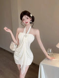 Daiiibabyyy  Pure and Unique Halter Neck Strapless Dress Nightclub Mesh Makes You Look Thin