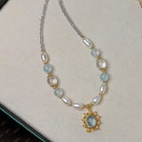 Daiiibabyyy  Trendy Blue Stone Zicron Freshwater Pearl Beads Necklace for Women New Trend Handmade DIY Necklaces Jewelry Gift