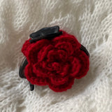 Daiiibabyyy  1pc Elegant Wine-Red Flower Hair Tie with Gold Label & Velvet, French Atmosphere Handmade Wool Rose Claw Clip, New-Style Hair Co